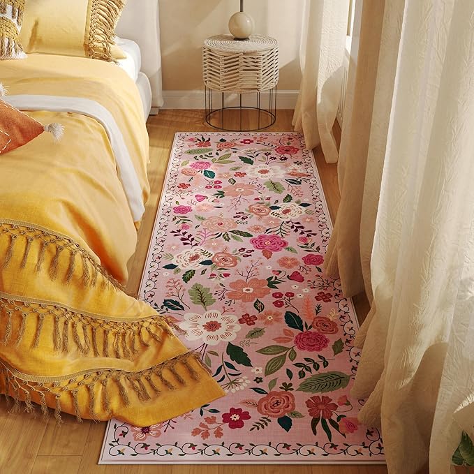 Runner Rug for Hallways Kitchen Rug Non Slip 2'x 6' Washable Rugs with Rubber Backing Soft Floral Carpet Runner for Hallways, Kitchen, Laundry, Bedroom, Bathroom(Pink)