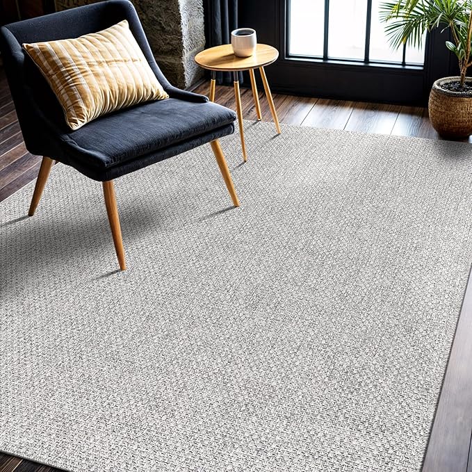 CAMILSON Easy Jute Rug 4x6, Indoor Outdoor Gray Color Farmhouse Area Rugs for Living Room Patio and Kitchen Rug, Solid Boho Woven Design, Easy-Cleaning, Washable Outside Carpet Alfombras (4 x 6)