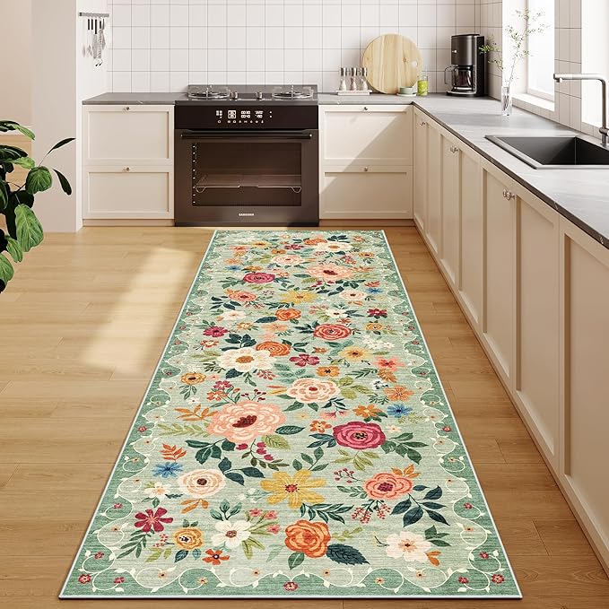 DUKINO 2.6x8 Kitchen Runner Rug for Hallway, Washable Runner Rug with Non Slip Backing, Low Pile Soft Boho Floral Carpet for Hallway, Kitchen, Entryway, Laundry, Bedroom, Green