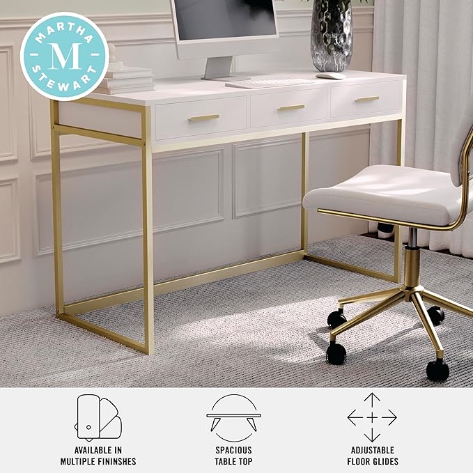 Martha Stewart Ollie Home Office Desk with 3 Drawers in White with Polished Brass Hardware