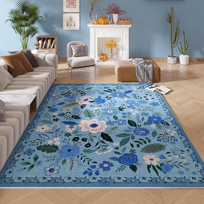 Living Room Rug 6x9 Rug Machine Washable Boho Area Rug Non Slip Floral Vintage Low Pile Large Rug for Living Room, Bedroom, Farmhouse, Dining Room, Kids Playroom(Blue)