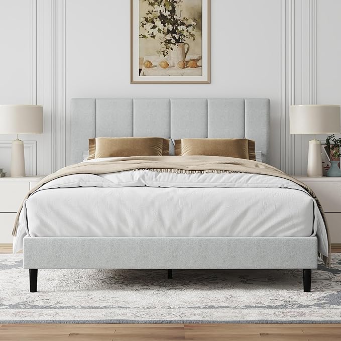 Queen Size Bed Frame, Platform Bed Frame with Velvet Upholstered Headboard, Queen Upholstered Mattress Foundation with Strong Wooden Slats, No Box Spring Needed, Noise Free, Easy Assembly