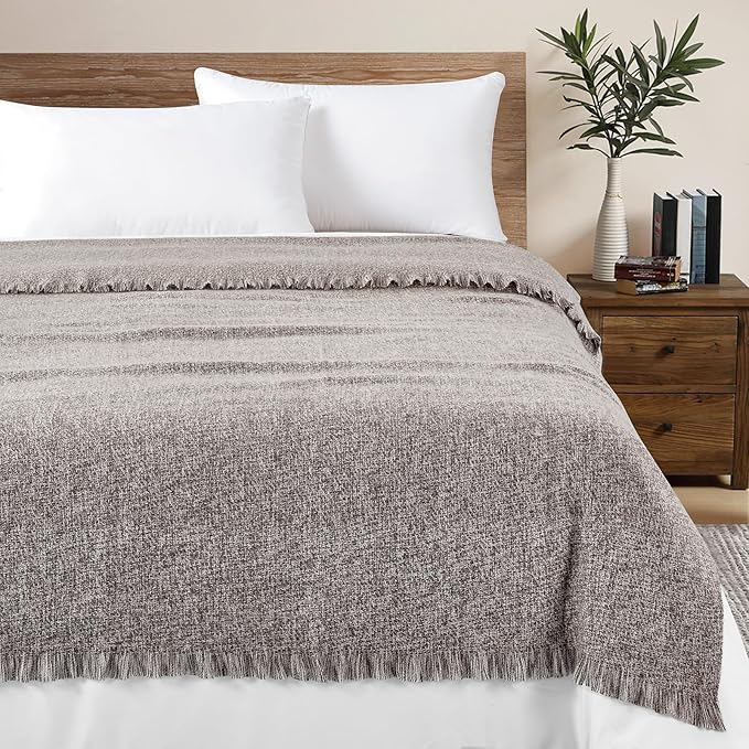 BOURINA Faux Cashmere Fringe Throw Blanket Decorative Lightweight Throw Soft Cozy for Bed or Sofa Outdoor Blanket, 50x70 Inches Brown