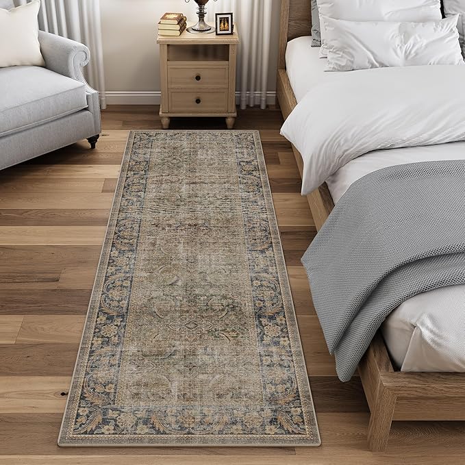 Fmfunctex 2x6 Runner Rug Brown Vintage Neutral Washable Distressed Non Slip Low Pile Indoor Carpet Soft Retro Hallway Entryway Rug for Kitchen Living Room Bedroom Bathroom Laundry Entry Bedside, Multi