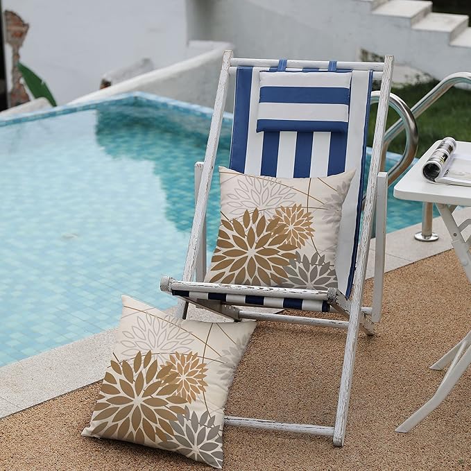 Brown Grey Outdoor Pillow Cover 18X18 Inch Set of 2 Outdoor Waterproof Summer Floral Brown Decorative Pillow case Decor for Couch Patio Funiture Garden Print Polyester Cushion Cover 01E18