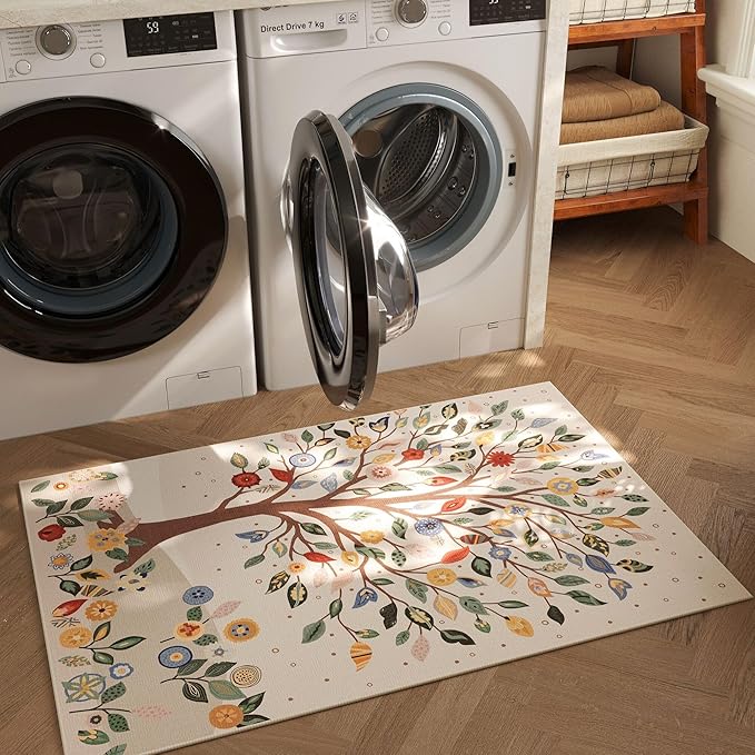 Door Mat Indoor Entrance 2x3 Rug Floral Tree Machine Washable Small Area Rug Bohemian Non-Slip Low Pile Throw Rugs for Entryway, Kitchen, Front Door Indoor Entrance, Entry, Kids Room, Beige