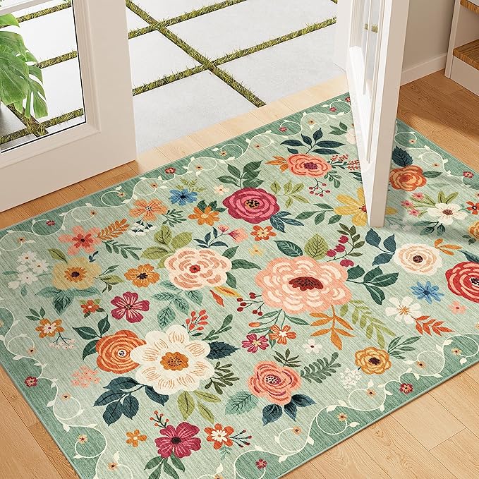 DUKINO 2x3 Rugs for Entryway, Floral Indoor Washable Front Door Mat, Non Slip Boho Small Carpet, Soft Low Pile Throw Rug for Entrance, Bedroom, Kitchen, Laundry, Bathroom, Green