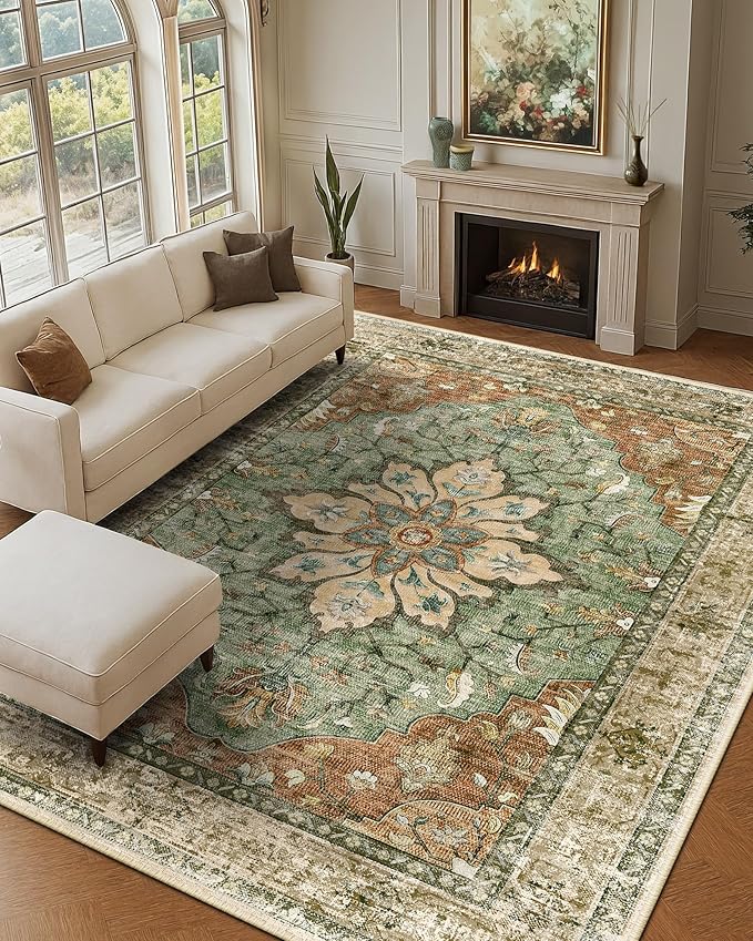 Area Rugs 10'x12' Washable Non-Slip, Floral Vintage Distress Print Pattern Medallion Carpet for Living Room Bedroom Dining Room, Brick Red Rust Neutral Brown Burnt Orange Green