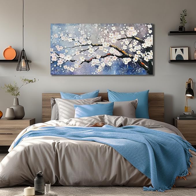 White Flowers Hand Painted Wall Art For Office Women Blue Wall Decor For Bedroom Aesthetic Family Wall Decor For Living Room Size 24 x 47 Inch