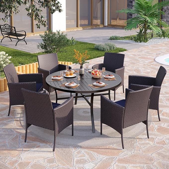 PHI VILLA 7 Pieces Outdoor Round Dining Set for 6, Large Metal Dining Table with Umbrella Hole & Cushioned Wicker Rattan Chairs, Dining Furniture Set for Patio, Deck, Yard, Porch