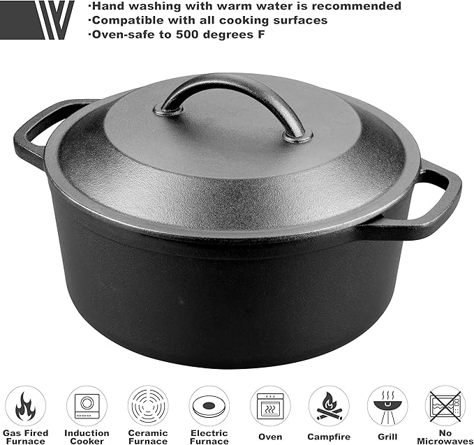 Pre-Seasoned Cast Iron Dutch Oven with Lid, Round and Dual Handles, for Stovetop, Camping, Grill, Induction, Electric, Black, 3 qt