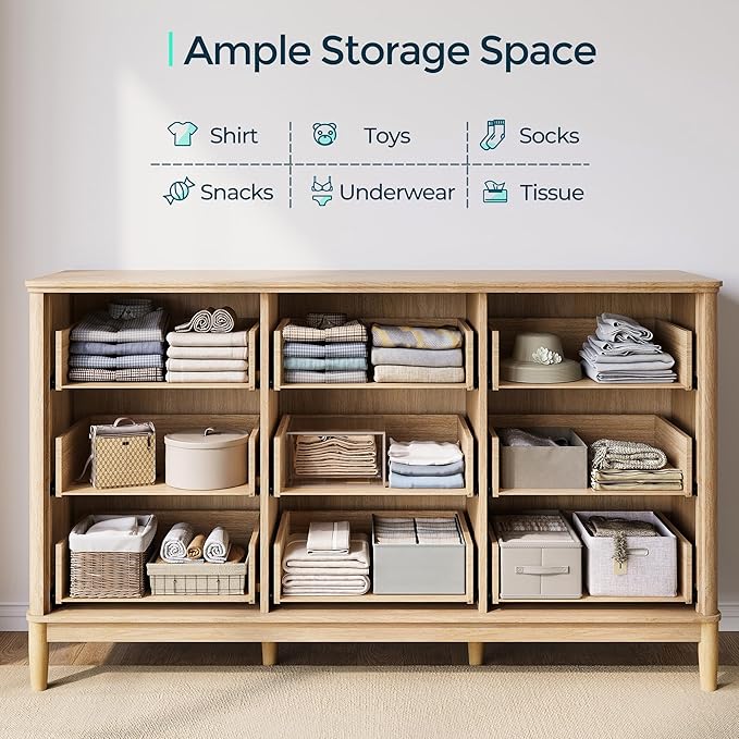 LINSY HOME Fluted Dresser for Bedroom with 9 Drawers, 58" Wide Chest of Drawers, Mid Century Modern Dresser TV Stand with Metal Handle, Wood Closet Storage Cabinet for Living Room, Hallway, Oak