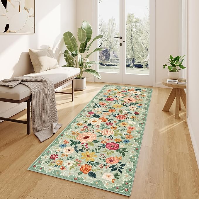 DUKINO 2.6x8 Kitchen Runner Rug for Hallway, Washable Runner Rug with Non Slip Backing, Low Pile Soft Boho Floral Carpet for Hallway, Kitchen, Entryway, Laundry, Bedroom, Green