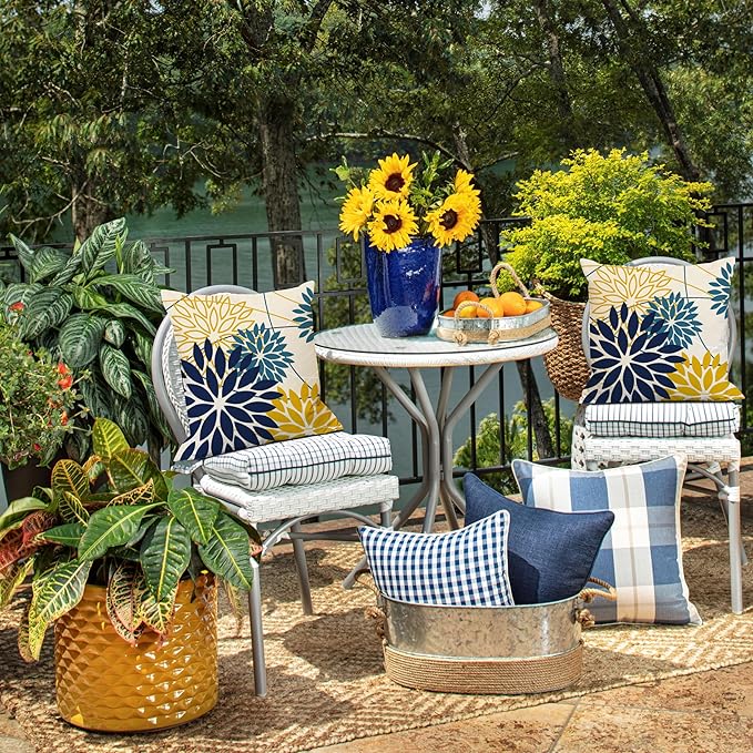 Blue Yellow Flower Pillow Covers 18x18 Inch Set of 2 Outdoor Throw Pillows Outdoor Waterproof Decor for Living Room Sofa Patio Funiture Garden Floral Polyester Pillow Covers 01P18