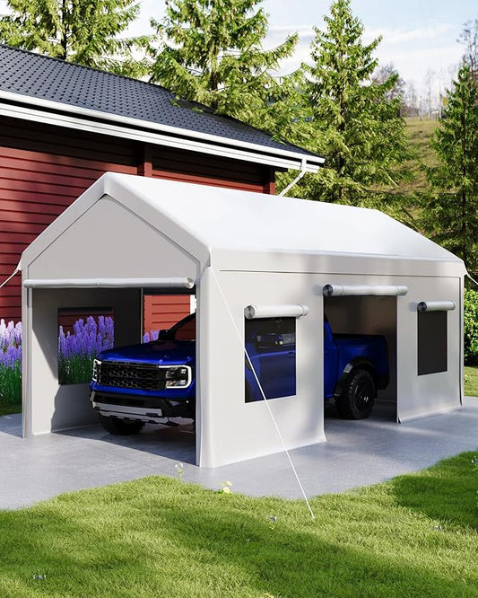 10x20 Ft. Metal Carport Garage with PE Fabric and Galvanized Steel Frame Outdoor Shelter for Cars, Trucks and Boats with 4 Doors and Mesh Windows for Ventilation - White