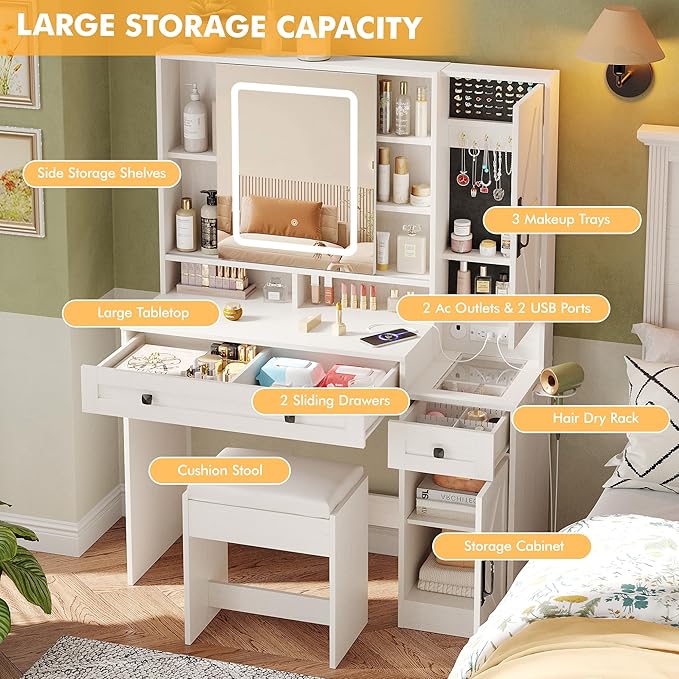 Vabches Makeup Vanity Desk with Mirror and Lights, Farmhouse Vanity Mirror with Lights Desk and Chair, White Vanity Table with Charging Station and Storage, Dressing Table Set for Bedroom Room