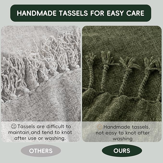 BATTILO HOME Olive Green Throw Blanket for Couch Bed Sofa, Soft Cozy Chenille Throw Blanket with Fringe Tassels, Lightweight Knit Throw Blanket for Home Decor, 50"x60"