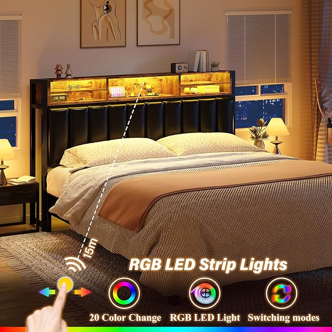 EnHomee Headboard Queen Size with Charging Port, Queen Headboard with LED Light, Headboard Only with Storage Shelf, Upholstered for Bedroom