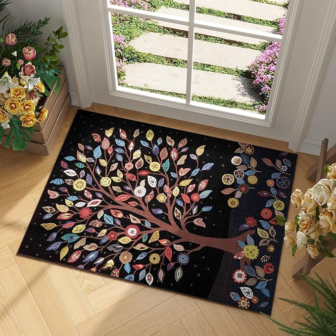 Door Mat Indoor Entrance 2x3 Rug Floral Tree Machine Washable Small Area Rug Bohemian Non-Slip Low Pile Throw Rugs for Entryway, Kitchen, Front Door Indoor Entrance, Entry, Kids Room, Black