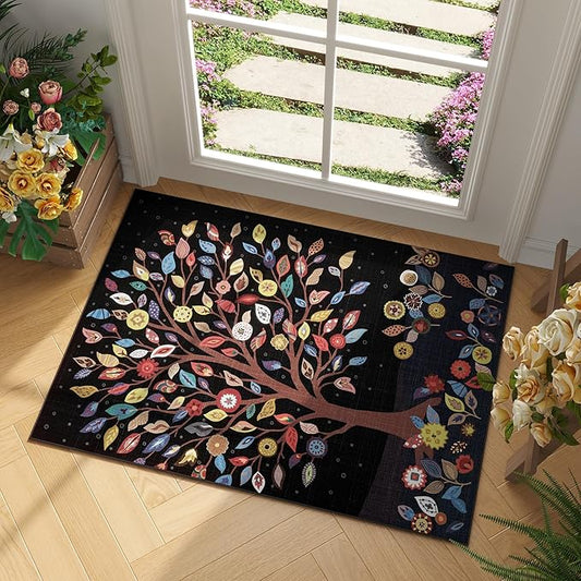 Door Mat Indoor Entrance 2x3 Rug Floral Tree Machine Washable Small Area Rug Bohemian Non-Slip Low Pile Throw Rugs for Entryway, Kitchen, Front Door Indoor Entrance, Entry, Kids Room, Black