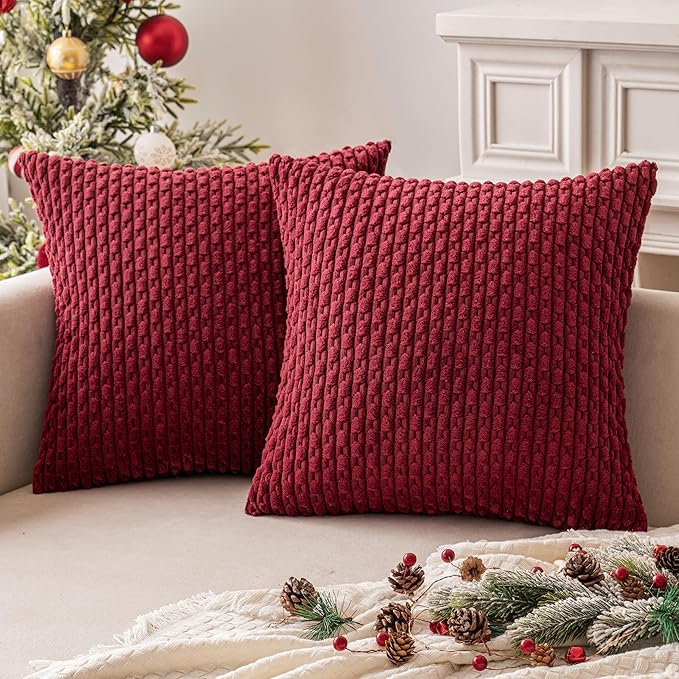 MIULEE Christmas Wine Red Throw Pillow Covers Soft Corduroy Decorative Eruo Sham Set of 2 Boho Striped Pillow Covers Pillowcases Farmhouse Home Decor for Couch Bed Sofa Living Room 24x24 Inch