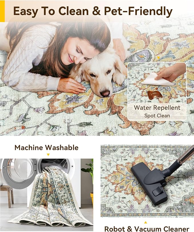 Area Rugs 6ft Washable Non-Slip, Floral Vintage Distress Print Pattern Medallion Carpet for Living Room Bedroom Dining Room, Light Yellow Carbon Grey Orange