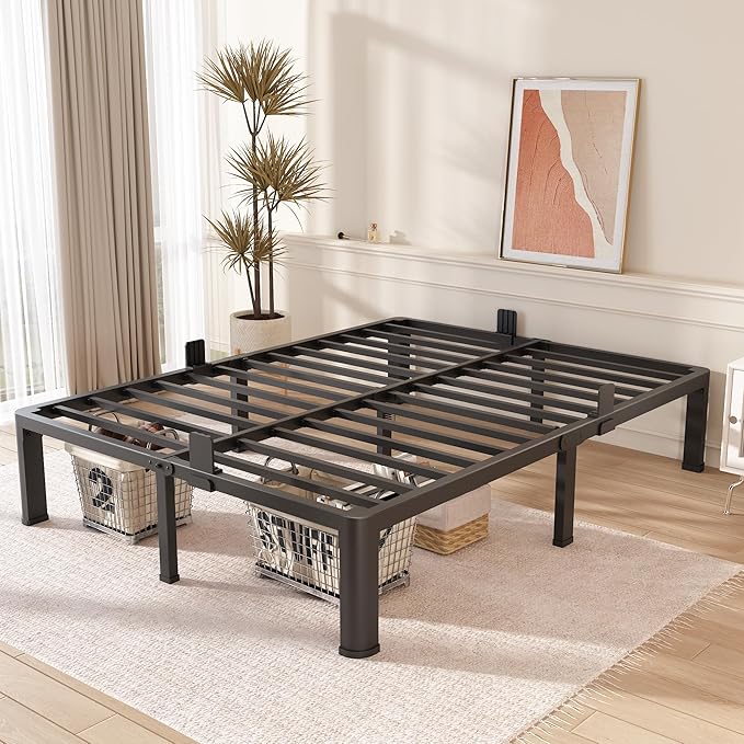 FUIOBYVV Queen Bed Frame with Round Corner Edge Legs, 14 Inch High 3500 lbs Heavy Duty Metal Platform Bed Frame Queen Size, No Box Spring Needed/Non-Slip/Steel Slat Support/Noise Free