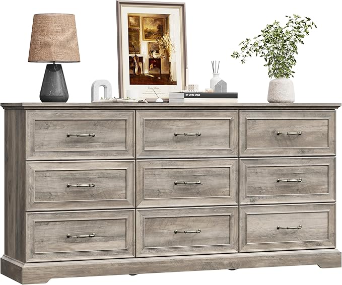 Dresser for Bedroom with 9 Drawer, Farmhouse Long Dresser for Closet,63'' Wide Rustic Wooden Chest of Drawers with Natural Wood Texture, Vintage Storage Organizer for Living Room, Hallway, Grey