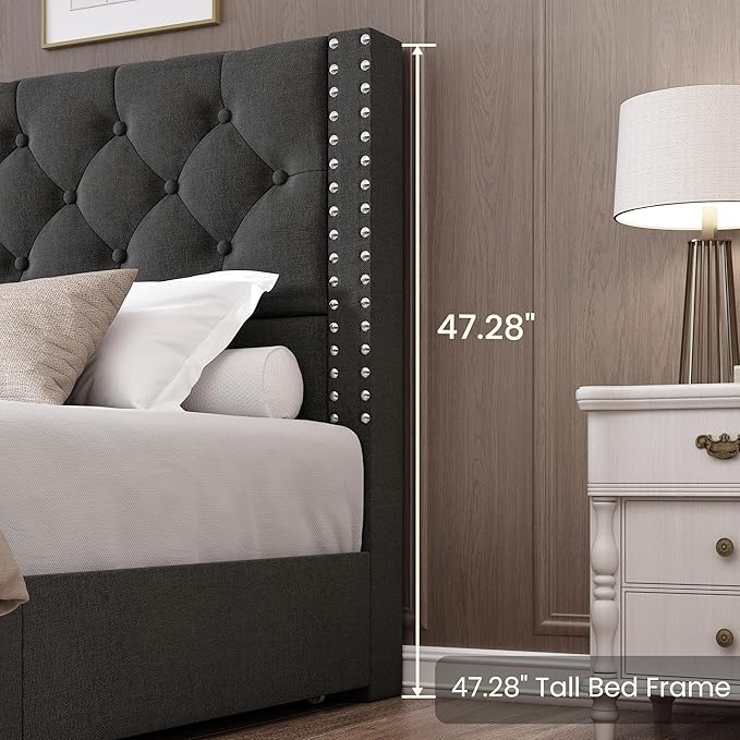 Full Size Bed Frame Upholstered Platform Bed with 4 Storage Drawers and Tufted Headboard Linen Bed Frame with Heavy Duty Wood Slats, No Box Spring Needed, Easy Assembly, Dark Grey