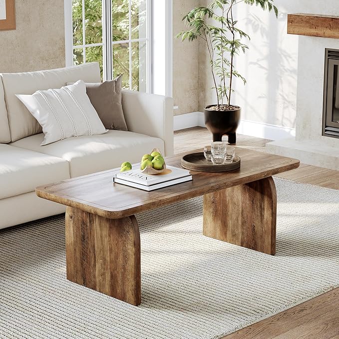 LITTLE TREE Farmhouse Coffee Table, 47 Inches Wooden Center Tables with Rounded Corners, Rectangular Living Room Tables, Modern Low Cocktail Tea Furniture for Living Room (Rustic Brown)