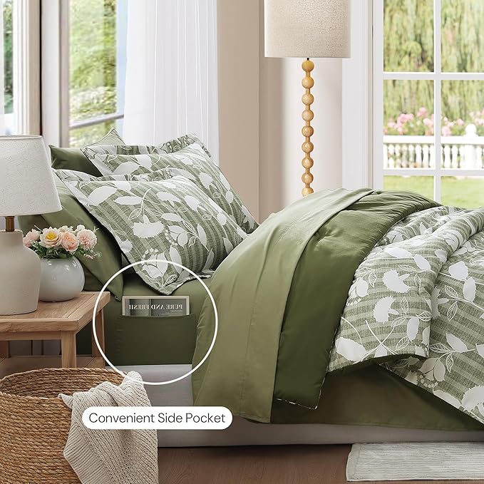 King Comforter Set -7 Pieces Olive Green Floral Comforter Set for All Seasons, Bed in a Bag King with Botanical Flowers Comforter, Sheets, Pillowcases & Shams