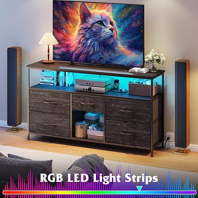 TV Stand Dresser with LED Lights & Power Outlets, Entertainment Center for 50" Inch TV, 5 Drawers TV Stand for Bedroom Dresser with Shelves for Living Room, Sturdy Metal Frame, Black