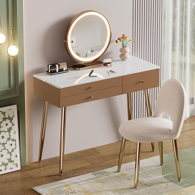 Modern Vanity Desk with Mirror and Lights| 39" Khaki Makeup Vanity Set with Adjustable Chair & Drawers| White and Gold Dressing Table for Small Spaces & Bedroom