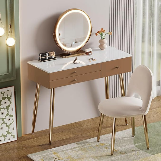 Modern Vanity Desk with Mirror and Lights| 39" Khaki Makeup Vanity Set with Adjustable Chair & Drawers| White and Gold Dressing Table for Small Spaces & Bedroom