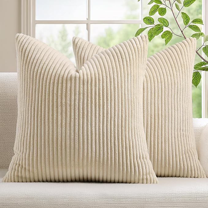 Mecatny Corduroy Decorative Throw Pillow Covers 20x20 Set of 2 for Sofa Living Room, Soft Neutral Boho Couch Pillow Covers for Home Decor, Beige