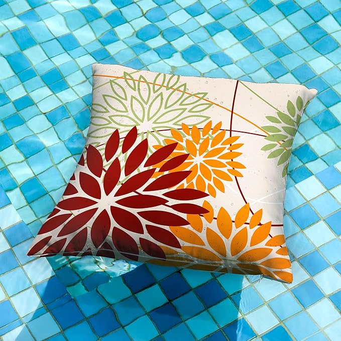 Red Orange Fall Pillow Cover 20X20 Inch Set of 2 Outdoor Waterproof Floral Orange Decorative Pillowcase Decor for Couch Patio Funiture Garden Print Polyester Cushion Cover 01N20