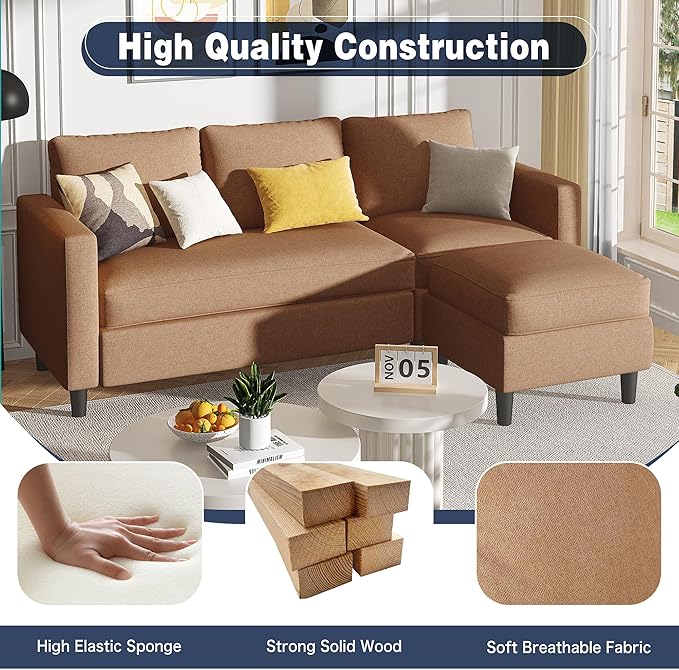 Shintenchi Small Sectional Couch Sofas, 3 Seat L Shape Sofa with Ottoman, Fabric Upholstered Convertible Sofa Couches, Small Couch for Apartments, Living Room and Office (Brown)