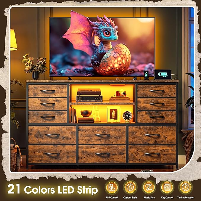 TV Stand with 12 Fabric Drawers for 55 inch TV, Entertainment Center with Charging Station & LED Lights, TV Media Console Table with 2 Open Storage Shelves for Living Room, Dorms, Wood Top, Brown