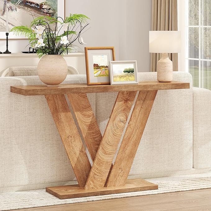 karlott 51 Inch Console Table, Farmhouse Entryway Table with V-Shaped, Wood Sofa Table Behind Couch Table, Narrow Entryway Accent Table for Living Room, Hallway, Entrance, Foyer, Brown