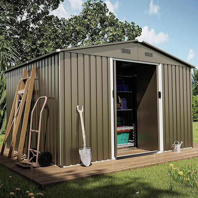 10FT x 8FT Outdoor Storage Shed, Waterproof Lockable Door Metal Tool Shed with Sliding Door and Ventilation, Gardening Tool Storage Room, Metal Storage Shed for Gardens and Lawns