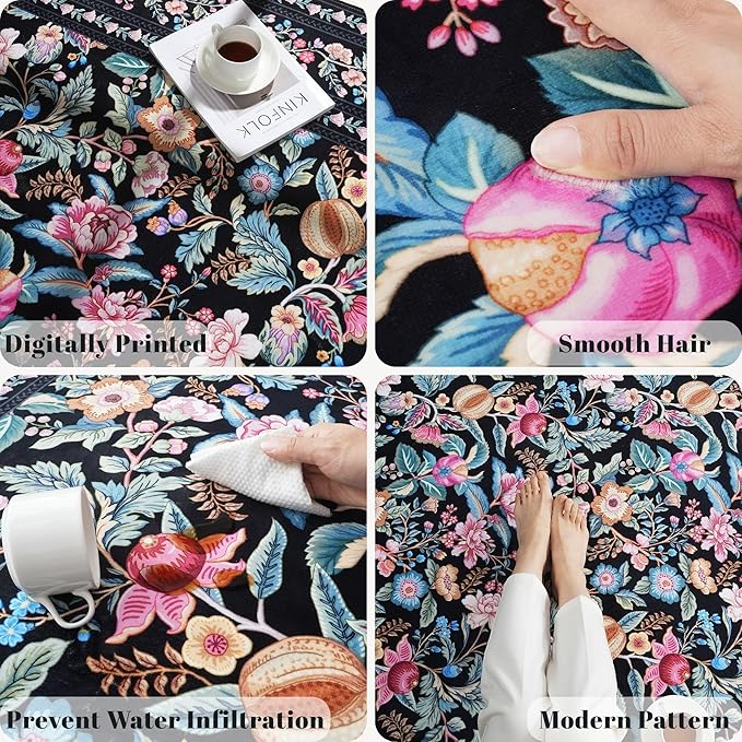 Runner Rug for Kitchen Rug Non Slip 2'x6' Washable Rugs with Rubber Backing Soft Vintage Floral Carpet Runner for Kitchen, Laundry, Bedroom, Bathroom, Black