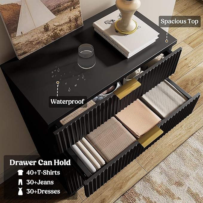 Lulive Black Dresser for Bedroom Wood Tall Dressers Drawers, Fluted Modern Dresser 5 Drawers Black