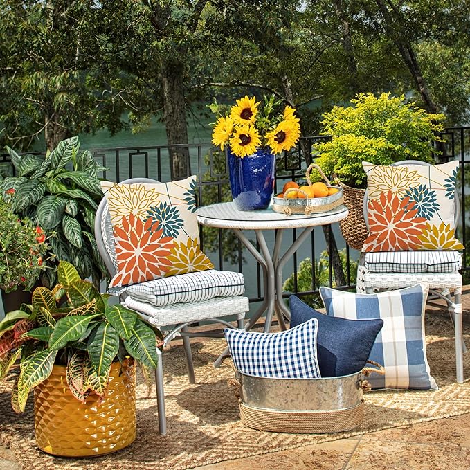 Orange and Yellow Floral Pillow Covers 18x18 Set of 2 Fall Outdoor Waterproof Decorative Throw Pillows Summer Pillowcovers Polyester Cushion Case Decor for Couch Patio Funiture Garden Porch 01Q18