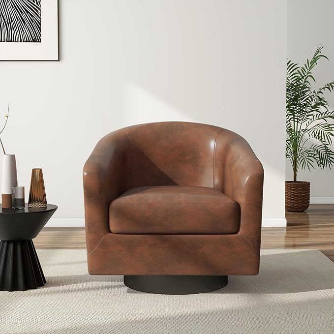 Swivel Barrel Chair, Modern Round PU Leather Accent Armchair for Living Room, Bedroom, Oversized Comfy Club Reading Chairs for Adults (Leather Coffee, Set of 2)