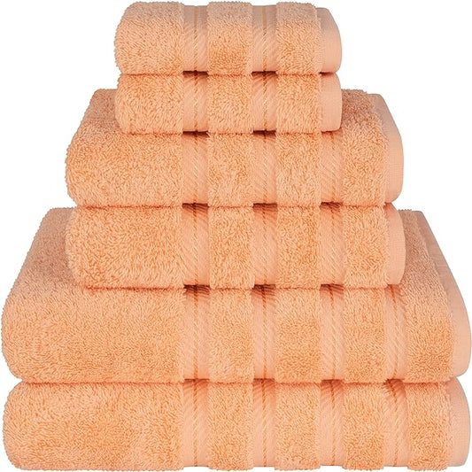 American Soft Linen Luxury 6 Piece Towel Set, 2 Bath Towels 2 Hand Towel 2 Washcloths, 600 GSM 100% Cotton Turkish Towels for Bathroom, Malibu Peach Towel Sets