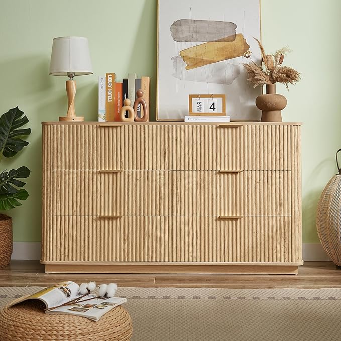 VMU Fluted Dresser for Bedroom with 6 Drawers，55" Modern Wooden Chest of Drawers with Metal Handles, TV Stand with Curved Profile, Closet Clothes Storage Organizer for Living Room, Hallway (Oak)