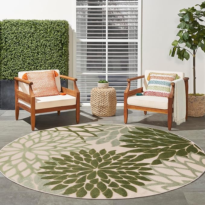 Nourison Home Aloha Indoor/Outdoor Ivory Green 7'10" x Round Area Rug, Easy-Cleaning, Non Shedding, Bed Room, Living Room, Dining Room, Backyard, Patio, Deck (8 Round)