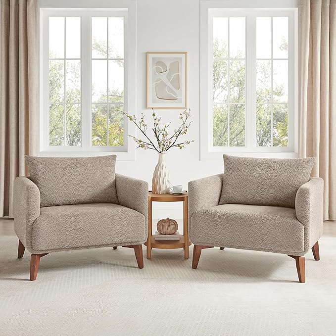 Oversized Accent Chair Modern Boucle Armchair for Living Room- 37" Wide Accent Chair with Solid Wood Legs, Camel Upholstered Lounge Chair for Bedroom & Office, Cozy Reading Chair (Easy Assembly)