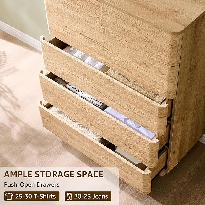 6 Drawer Dresser for Bedroom, 42 Inch Tall Modern Chest of Drawers, Push-to-Open Wood Storgae Organizer with Large Drawers for Bedroom, Living Room, Hallway, Natural Oak