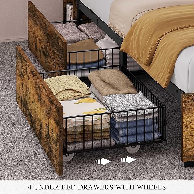 YITAHOME King Bed Frame with Bookcase Headboard and 4 Storage Drawers, RGB LED Lights Bed with Type-C & USB Charging Station Storage Headboard Bed Frame, No Box Spring Needed, Noise Free, Rustic Brown